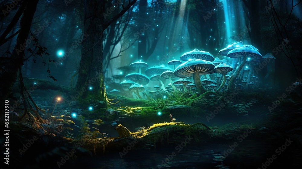  a painting of a forest filled with mushrooms and glowing lights.  generative ai