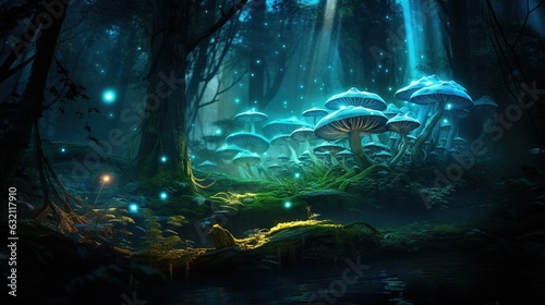  a painting of a forest filled with mushrooms and glowing lights.  generative ai