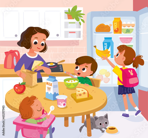 Family having breakfast in the kitchen. School kids prepare for school. Mom cook breakfast.