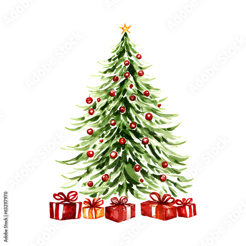 Watercolor Christmas tree with red toys balls and red gift boxes isolated on white