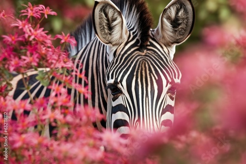 Zebra in pink flowers. Generate Ai photo