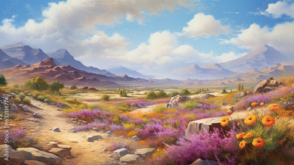  a painting of a dirt road with flowers and mountains in the background.  generative ai