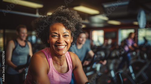 Middle age of African woman exercise at gym, fun mood with bokeh light