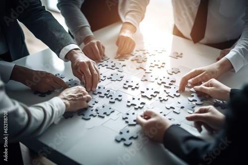 Business people with jigsaw puzzle pieces. Generative AI