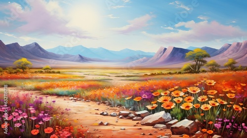  a painting of a dirt road with flowers and mountains in the background.  generative ai © Olga