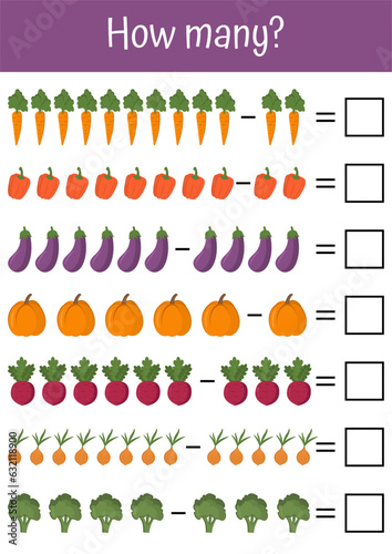 Colorful, playful math worksheets for early child development, addition, and subtraction exercises for preschool education, pedagogic use. Vegetables, fruits mathematic lists. Counting, how many game