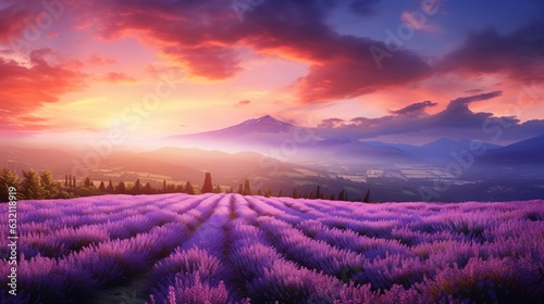  a painting of a lavender field with a sunset in the background.  generative ai © Olga