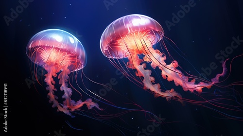  a couple of jellyfish floating in the ocean together on a dark blue background. generative ai