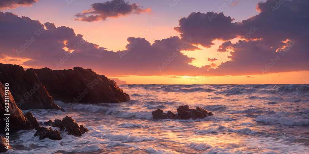 A sunset over the ocean with waves crashing on the shore and rocks in the foreground and in the water. Seascape illustration with cloudy sky and setting sun. Generative AI