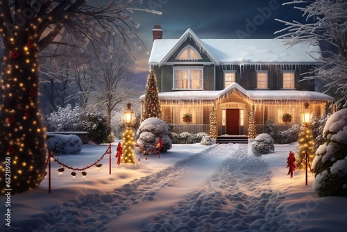 A Beautiful Exterior Design of a House during the Christmas Event, Lot of Decorations and Ornaments.
