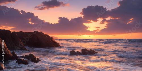 A sunset over the ocean with waves crashing on the shore and rocks in the foreground and in the water. Seascape illustration with cloudy sky and setting sun. Generative AI