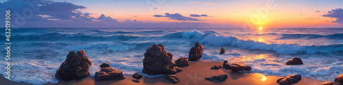 Panorama of a sunset over the ocean with waves crashing on the shore and several big stones in the foreground. Seascape illustration with sand beach, cloudy sky and setting sun. Generative AI