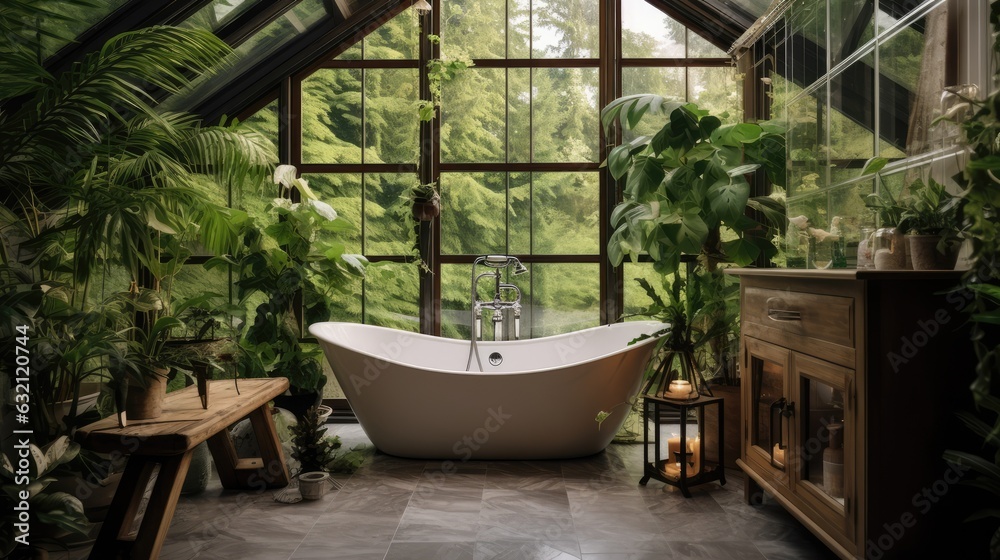 Bright and Elegant attic glass bathroom with bathtub and subway tile and a variety of green plants of deep forest style, Generative AI