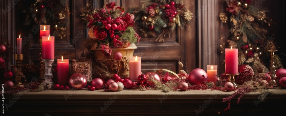 A Wooden Table Full of Christmas Decorations and Fruit.