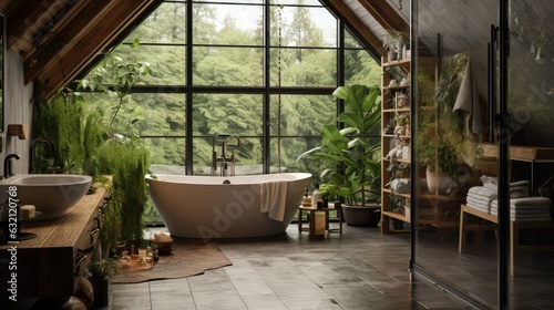 Bright and Elegant attic glass bathroom with bathtub and subway tile and a variety of green plants of deep forest style, Generative AI