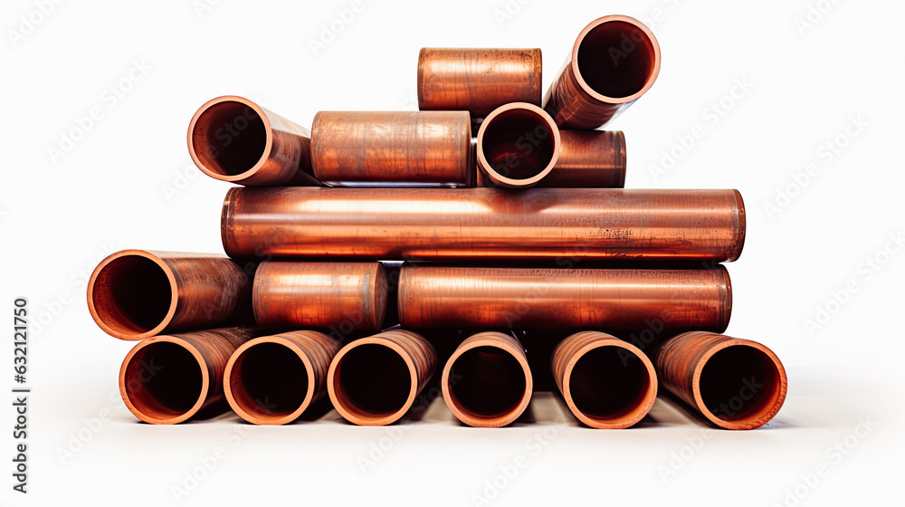 Industrial Symphony: Gleaming Pipes of Progress. Pipe stack, steel or copper, metal or pavement cylinder Industrial piping for pipeline, factory work or construction work isolated on white background Industrial Symphony: Gleaming Pipes of Progress. Pipe stack, steel or copper, metal or pavement cylinder Industrial piping for pipeline, factory work or construction work isolated on white background