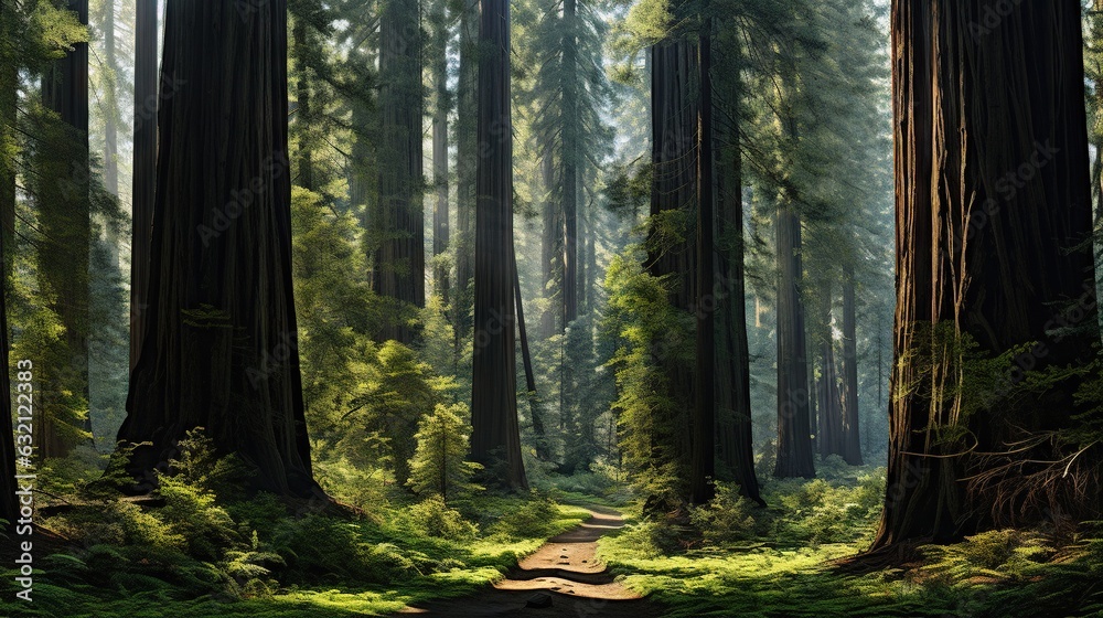  a path through a forest with lots of trees and ferns.  generative ai