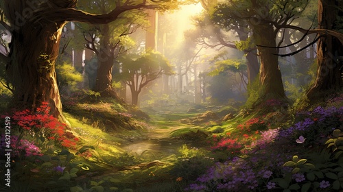  a painting of a path through a forest filled with flowers. generative ai