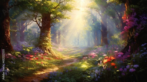  a painting of a path through a forest filled with flowers.  generative ai
