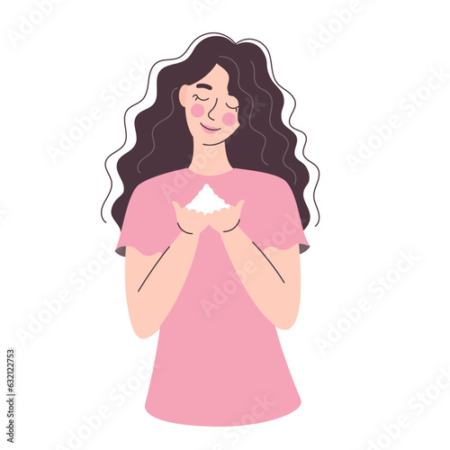 A young brunette woman holds a handful of salt in her hands. Sea salt, spa care, health care, salt bath. Vector illustration in flat style isolated on white background