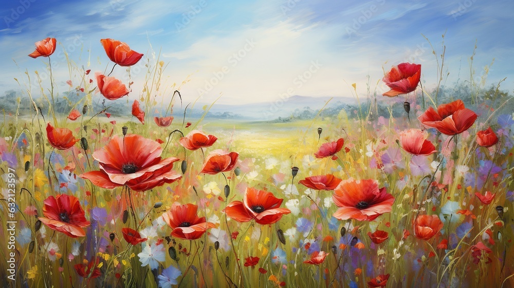 Fototapeta premium a painting of a field full of red poppies and daisies. generative ai