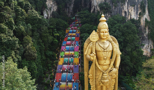 Photography Batu Caves temple aerial view and the giant Murugan statue, Hindu God of war, in Kuala Lumpur, Malaysia