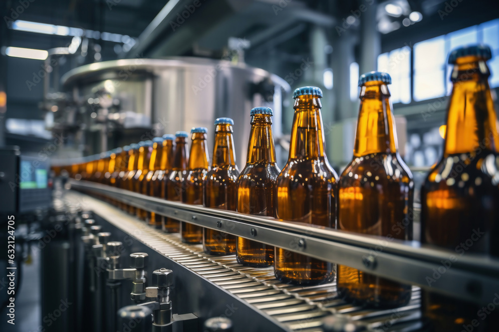 Factory for the production of beer. Brewery conveyor with glass beer drink alcohol bottles, modern production line. Blurred background. Modern production for bottling drinks. Selective focus.