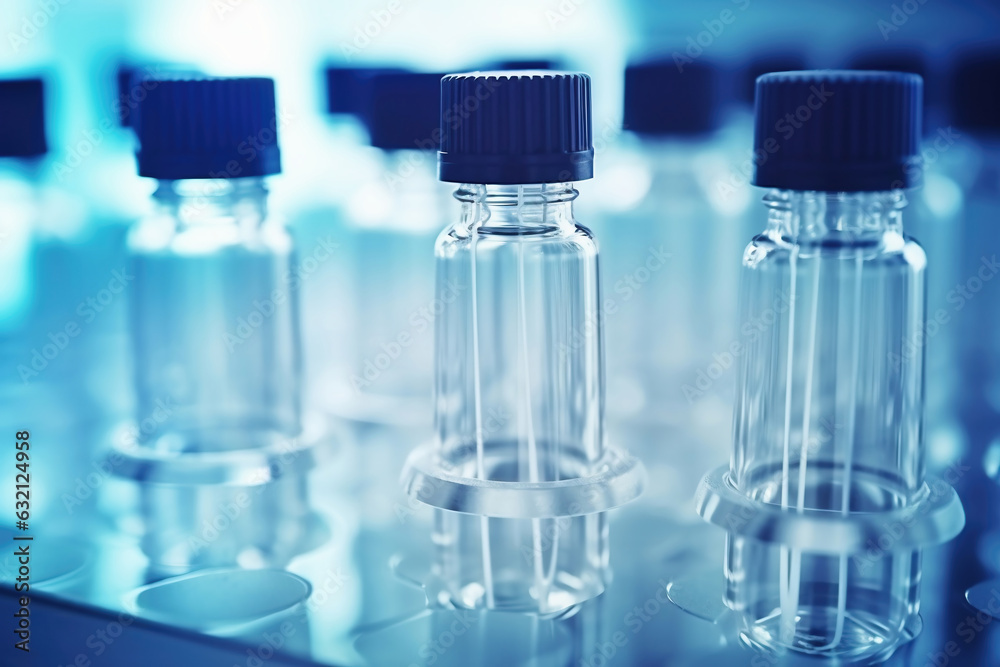 Glass vials for liquid samples. Laboratory equipment for dispensing fluid samples. Shallow depth of field. Glass vials for liquid samples. Laboratory equipment for dispensing fluid samples. Shallow depth of field.
