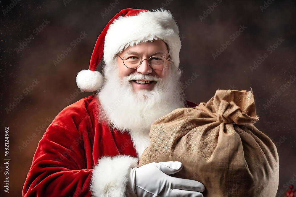 Happy Santa Claus with a big bag of gifts for children. Merry Christmas. New Year's Eve concept. Bright image of Santa for advertising and design. Happy Santa Claus with a big bag of gifts for children. Merry Christmas. New Year's Eve concept. Bright image of Santa for advertising and design.