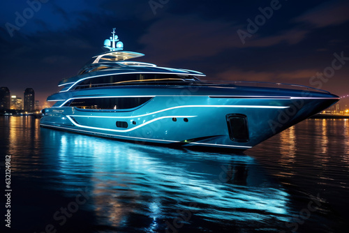 Night view to large illuminated white boat located over horizon, colorful lights coming from yacht reflect on the surface of the sea.