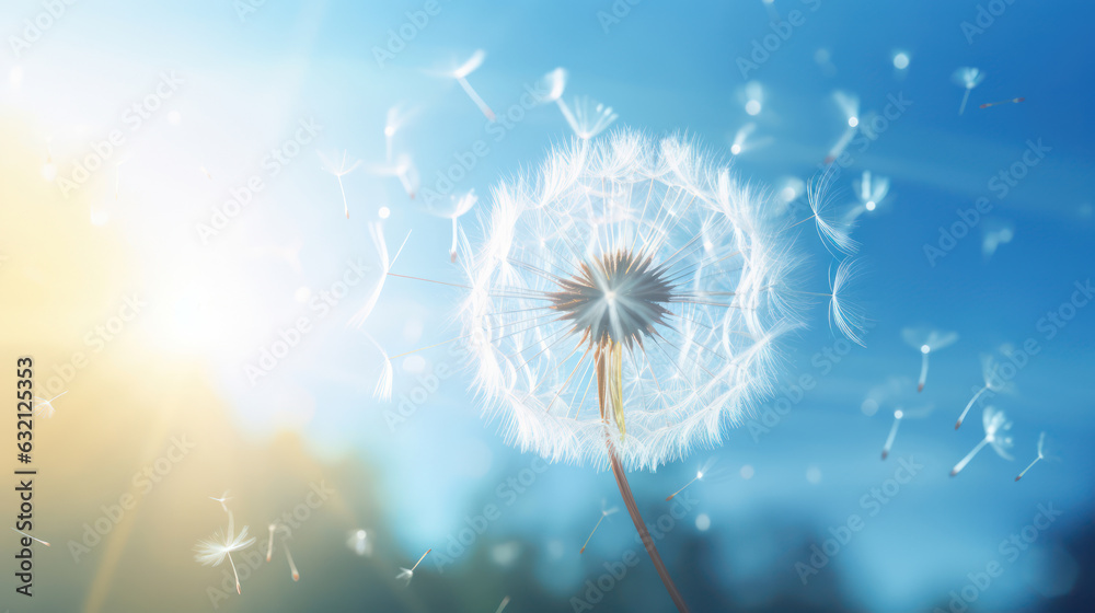 Fototapeta premium Closeup photo view of Dandelion seed flying in blue sky