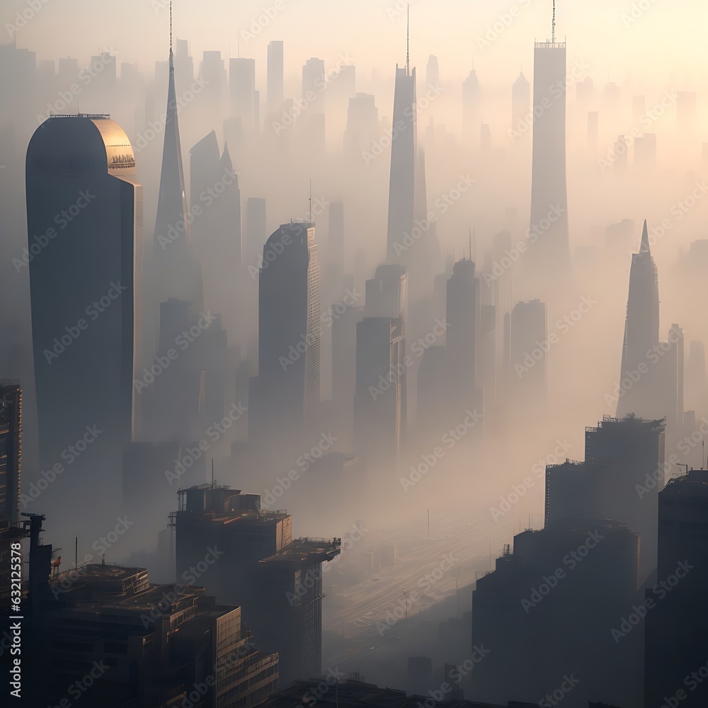 A bustling cityscape, with a thick layer of smog and dust particles hanging in the air, obscuring