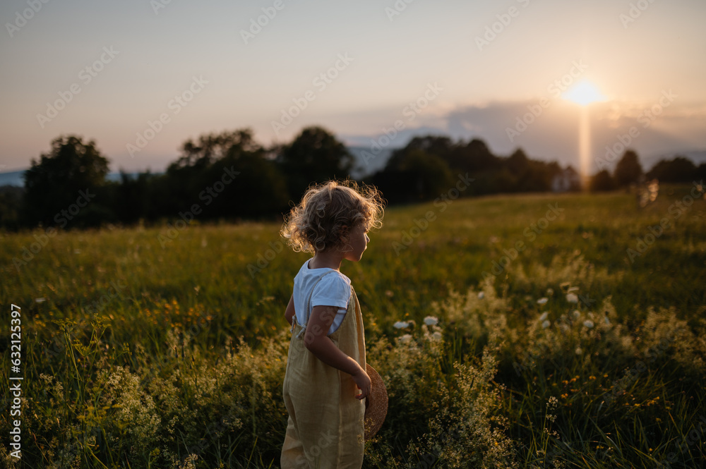 Potrait of adorable little girl with straw hat standing in the middle of summer meadow.