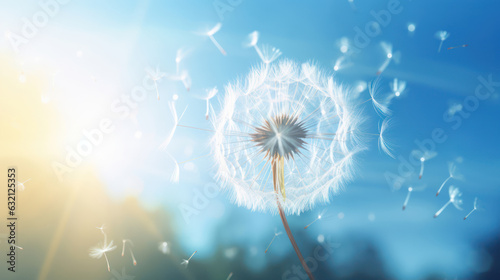 Closeup photo view of Dandelion seed flying in blue sky