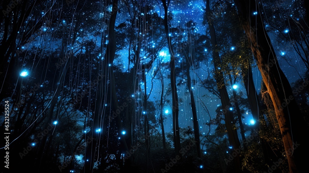  a forest filled with lots of stars and lights in the night sky.  generative ai