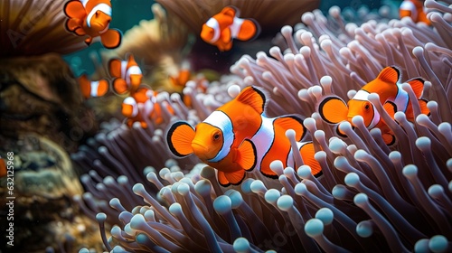 Foto a group of clown fish swimming around anemone in an aquarium