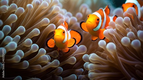  a group of clown fish swimming in an anemone.  generative ai © Olga