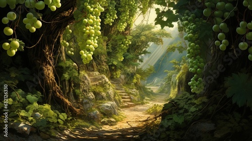  a painting of a path through a forest with grapes hanging from the trees. generative ai