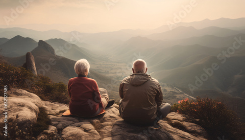 Elderly senior couple sitting on a rock in the mountains, back view, AI generated
