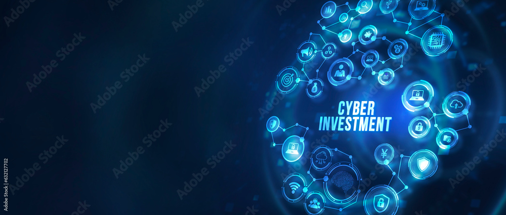 Internet, business, Technology and network concept. Cyber Investment with hologram businessman concept. 3d illustration Internet, business, Technology and network concept. Cyber Investment with hologram businessman concept. 3d illustration