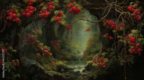  a painting of a forest with a stream and red flowers.  generative ai