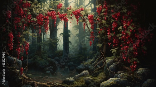  a painting of a forest with red berries hanging from the trees.  generative ai