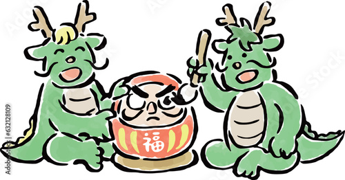 お正月にだるまに片方の目を描き入れる辰　筆タッチ手描きイラスト