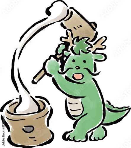 お正月に餅つきをする辰　筆タッチ手描きイラスト