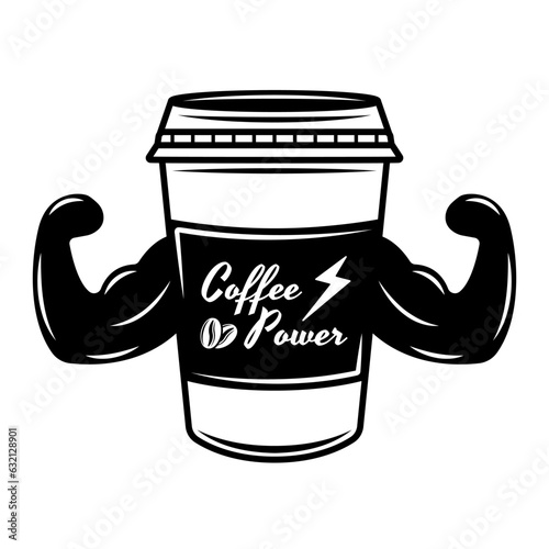 Coffee paper cup with hands show biceps vector black and white illustration