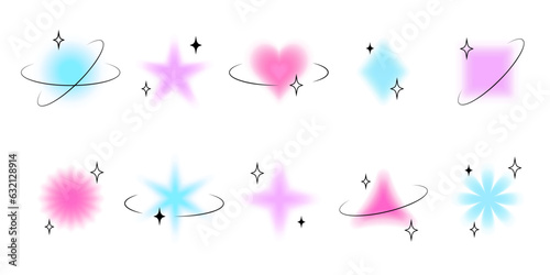 Set of vector blurry figures and shapes with retro Y2K frames with stars and square technological borders.