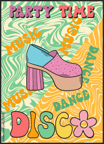 Groovy retro poster. Hippie style background. Groovy disco. 60s and 70s style. Psychedelic funky abstract. Groovy poster template. Nostalgia for the 70s.
