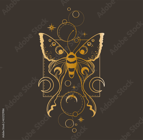 Magic celestial butterfly and moon clipart in golden foil texture, mystic space moth with crescent moon, gold colored insects composition in vector, isolated element for t-shirt, poster, postcards