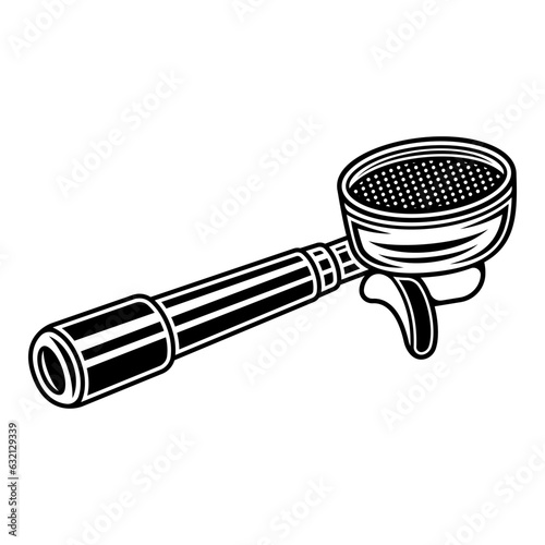 Portafilter, espresso machine part vector illustration in monochrome vintage style isolated on white background