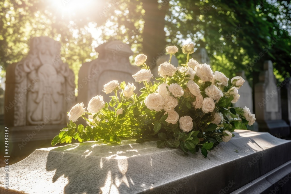 A bouquet of white flowers on a gravestone in a cemetery.